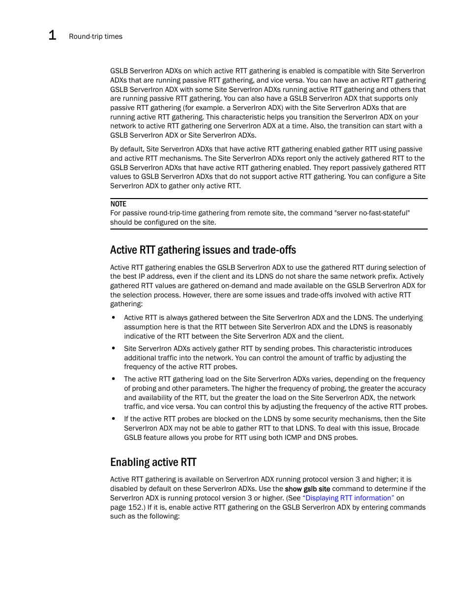 Active rtt gathering issues and trade-offs, Enabling active rtt | Brocade Communications Systems ServerIron ADX 12.4.00 User Manual | Page 156 / 267