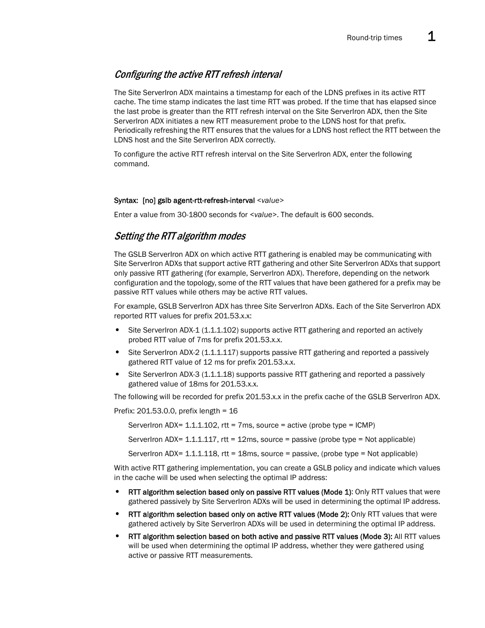 Configuring the active rtt refresh interval, Setting the rtt algorithm modes | Brocade Communications Systems ServerIron ADX 12.4.00 User Manual | Page 159 / 267