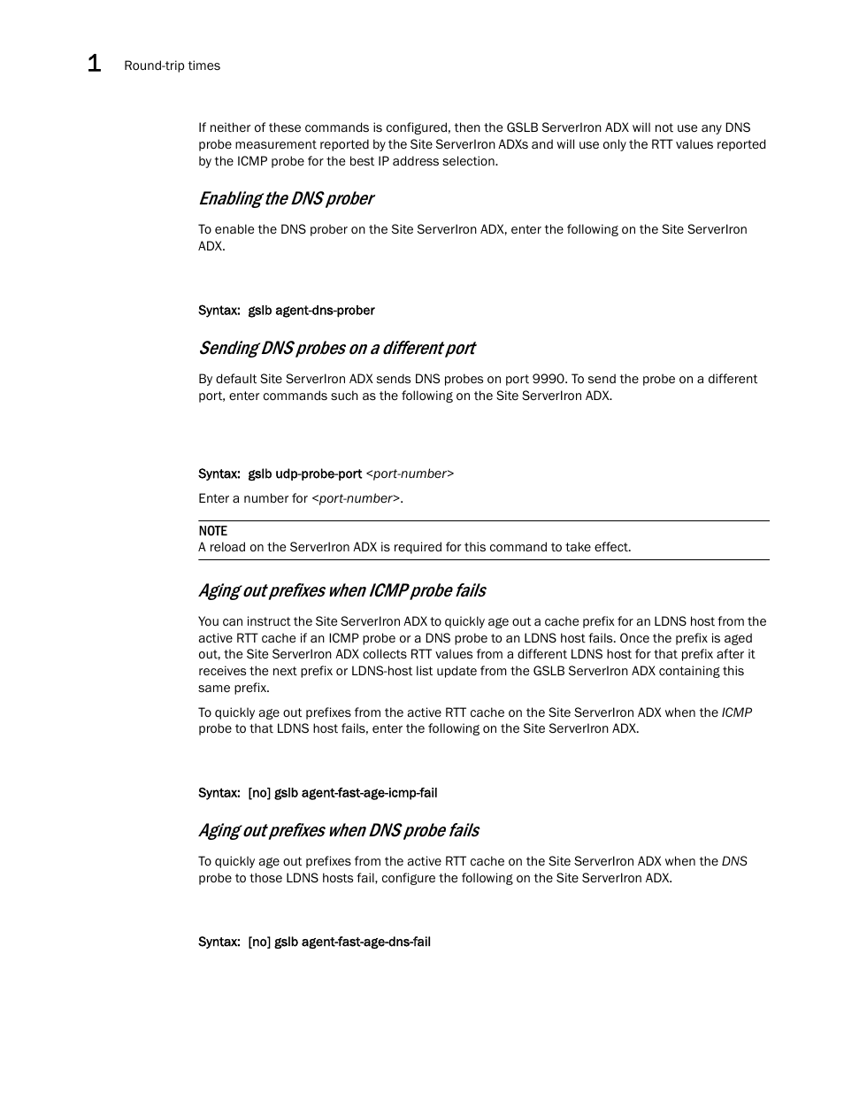 Enabling the dns prober, Sending dns probes on a different port, Aging out prefixes when icmp probe fails | Aging out prefixes when dns probe fails | Brocade Communications Systems ServerIron ADX 12.4.00 User Manual | Page 162 / 267
