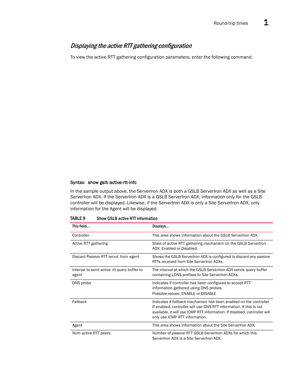 Displaying the active rtt gathering configuration | Brocade Communications Systems ServerIron ADX 12.4.00 User Manual | Page 165 / 267
