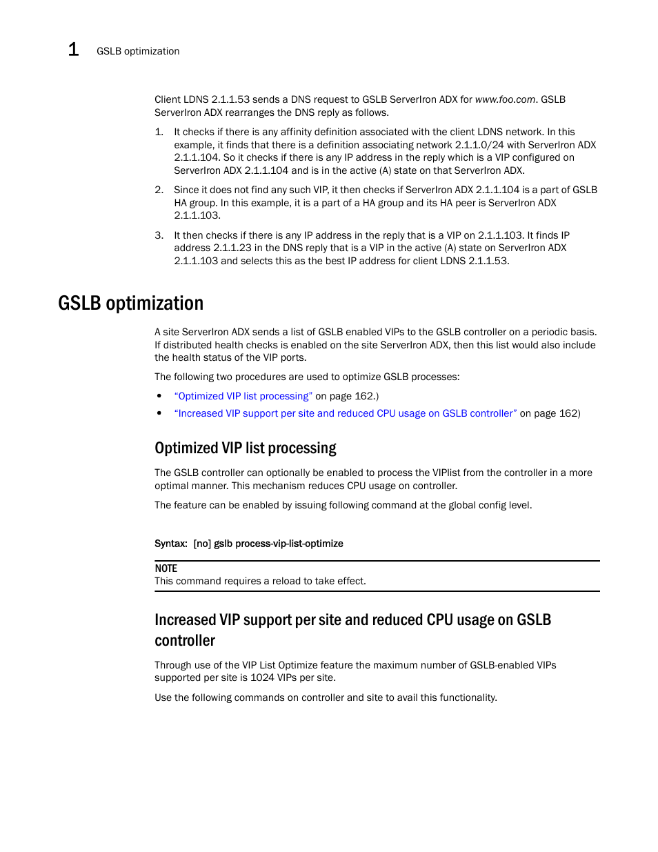Gslb optimization, Optimized vip list processing | Brocade Communications Systems ServerIron ADX 12.4.00 User Manual | Page 174 / 267