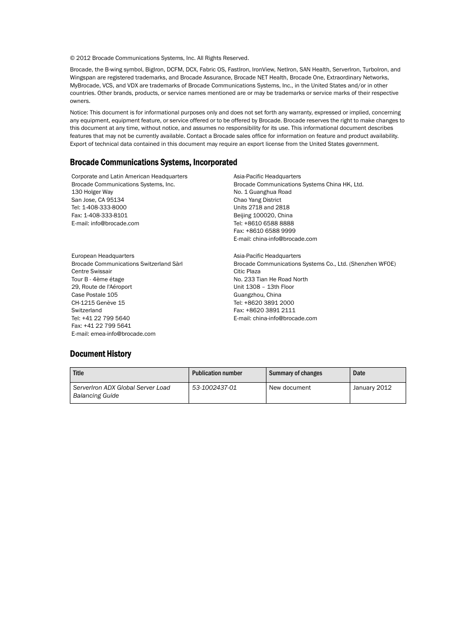 Brocade communications systems, incorporated, Document history | Brocade Communications Systems ServerIron ADX 12.4.00 User Manual | Page 2 / 267