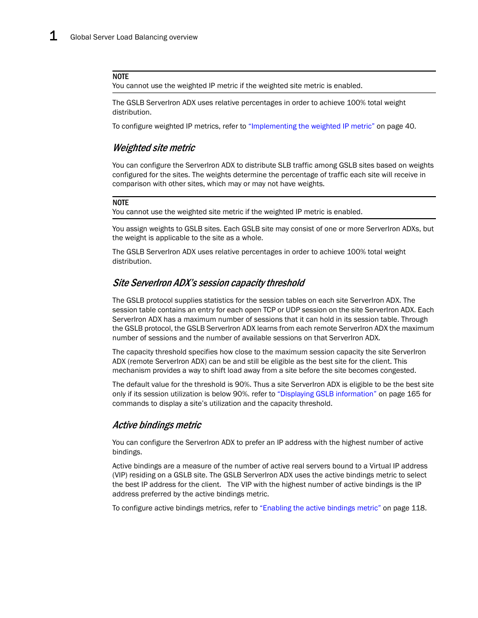 Weighted site metric, Site serveriron adx’s session capacity threshold, Active bindings metric | Brocade Communications Systems ServerIron ADX 12.4.00 User Manual | Page 20 / 267