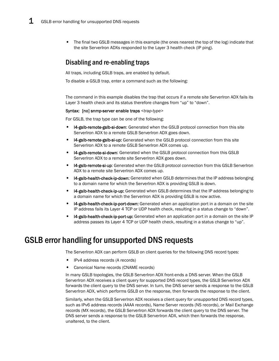 Disabling and re-enabling traps, Gslb error handling for unsupported dns requests | Brocade Communications Systems ServerIron ADX 12.4.00 User Manual | Page 200 / 267