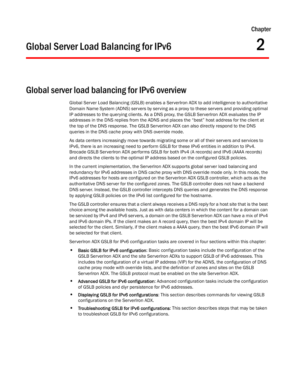 Global server load balancing for ipv6, Global server load balancing for ipv6 overview, Chapter 2 | Brocade Communications Systems ServerIron ADX 12.4.00 User Manual | Page 205 / 267