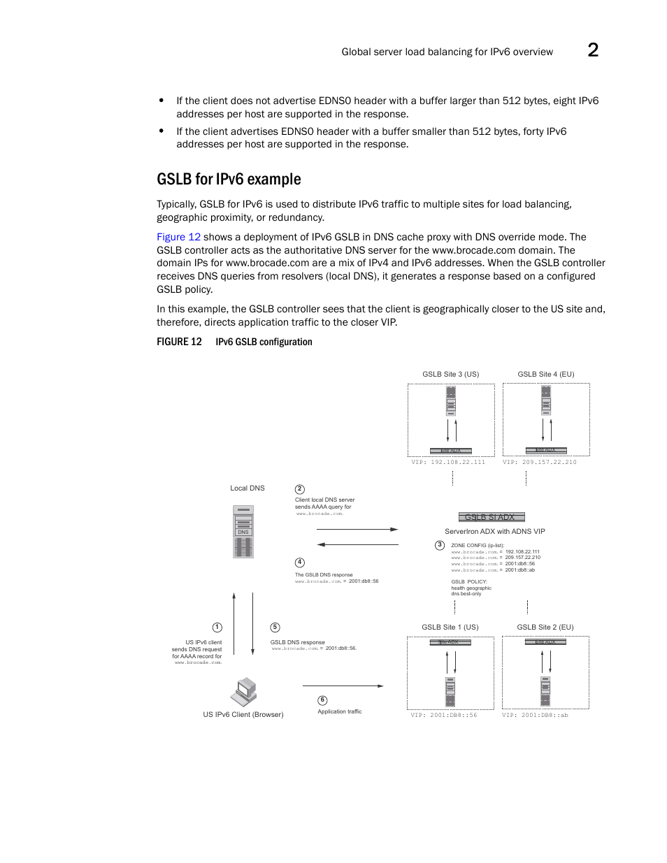 Gslb for ipv6 example, Figure 12, Global server load balancing for ipv6 overview | Ipv6 gslb configuration | Brocade Communications Systems ServerIron ADX 12.4.00 User Manual | Page 207 / 267