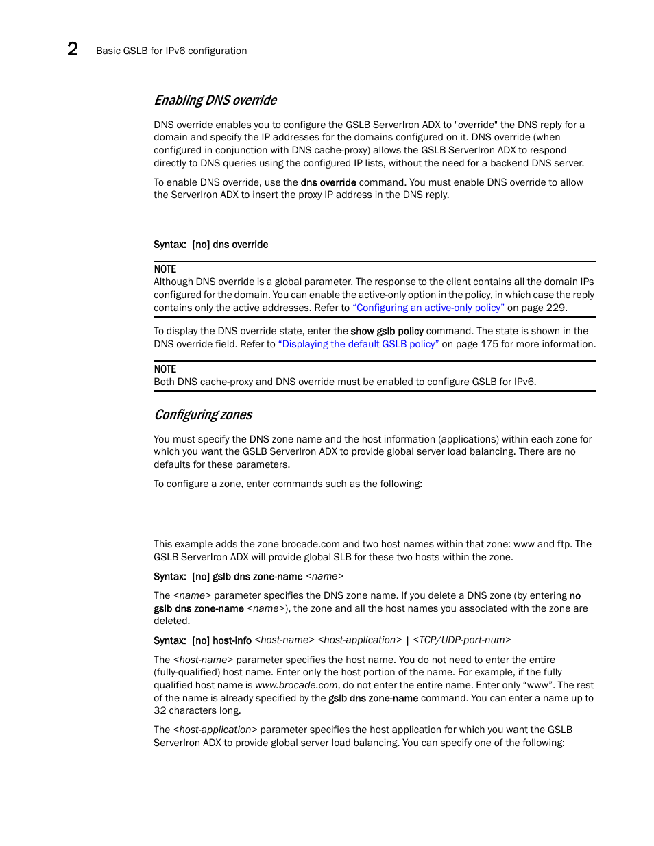 Enabling dns override, Configuring zones | Brocade Communications Systems ServerIron ADX 12.4.00 User Manual | Page 210 / 267