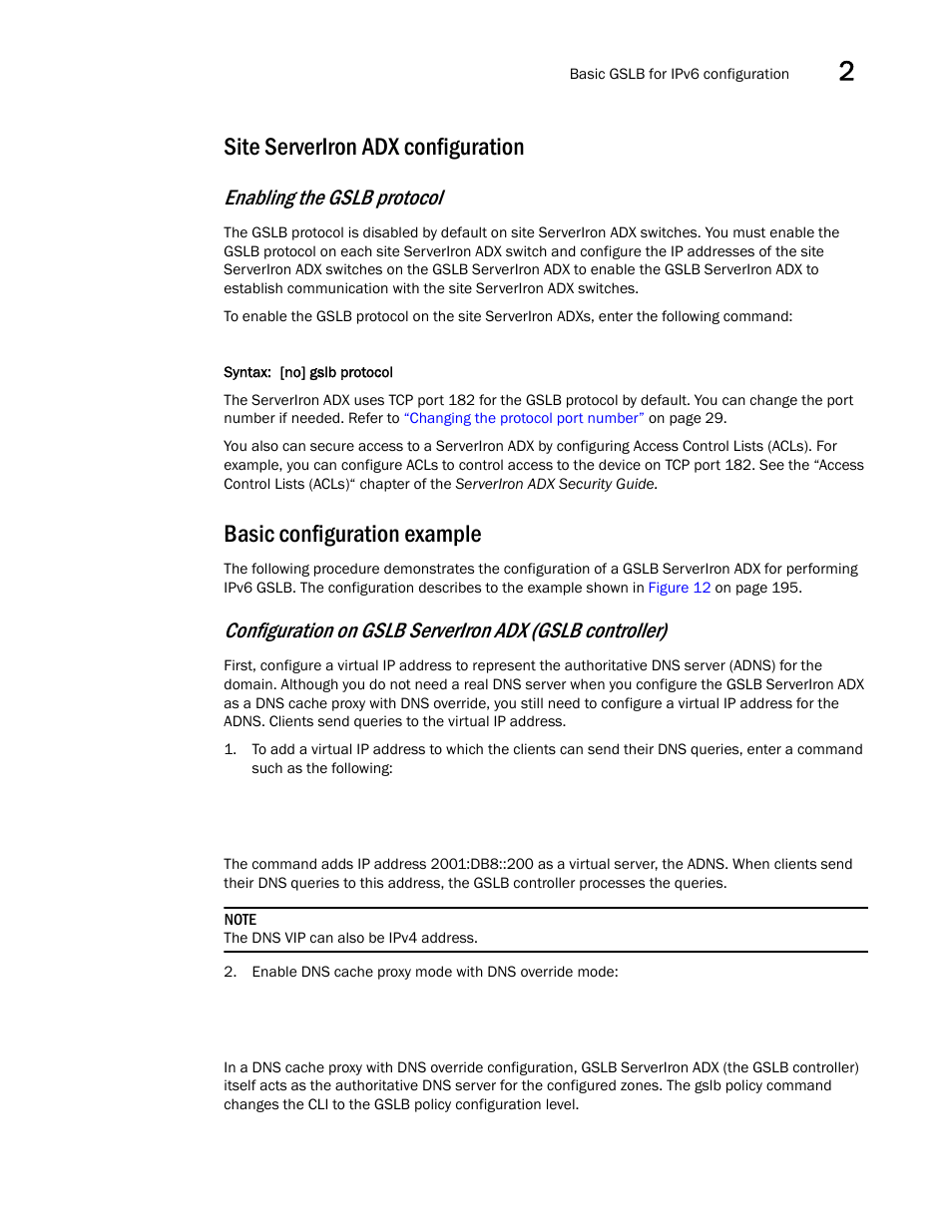 Site serveriron adx configuration, Basic configuration example, Enabling the gslb protocol | Brocade Communications Systems ServerIron ADX 12.4.00 User Manual | Page 213 / 267
