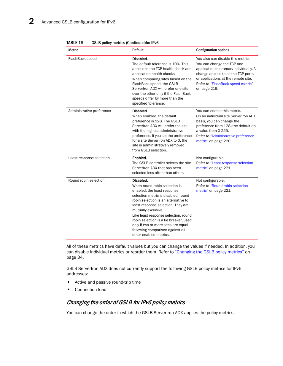 Changing the order of gslb for ipv6 policy metrics | Brocade Communications Systems ServerIron ADX 12.4.00 User Manual | Page 218 / 267