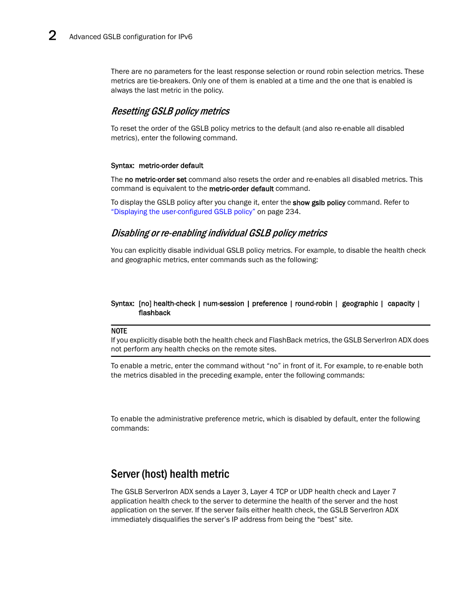 Server (host) health metric, Server (host) health, Metric | Resetting gslb policy metrics | Brocade Communications Systems ServerIron ADX 12.4.00 User Manual | Page 220 / 267