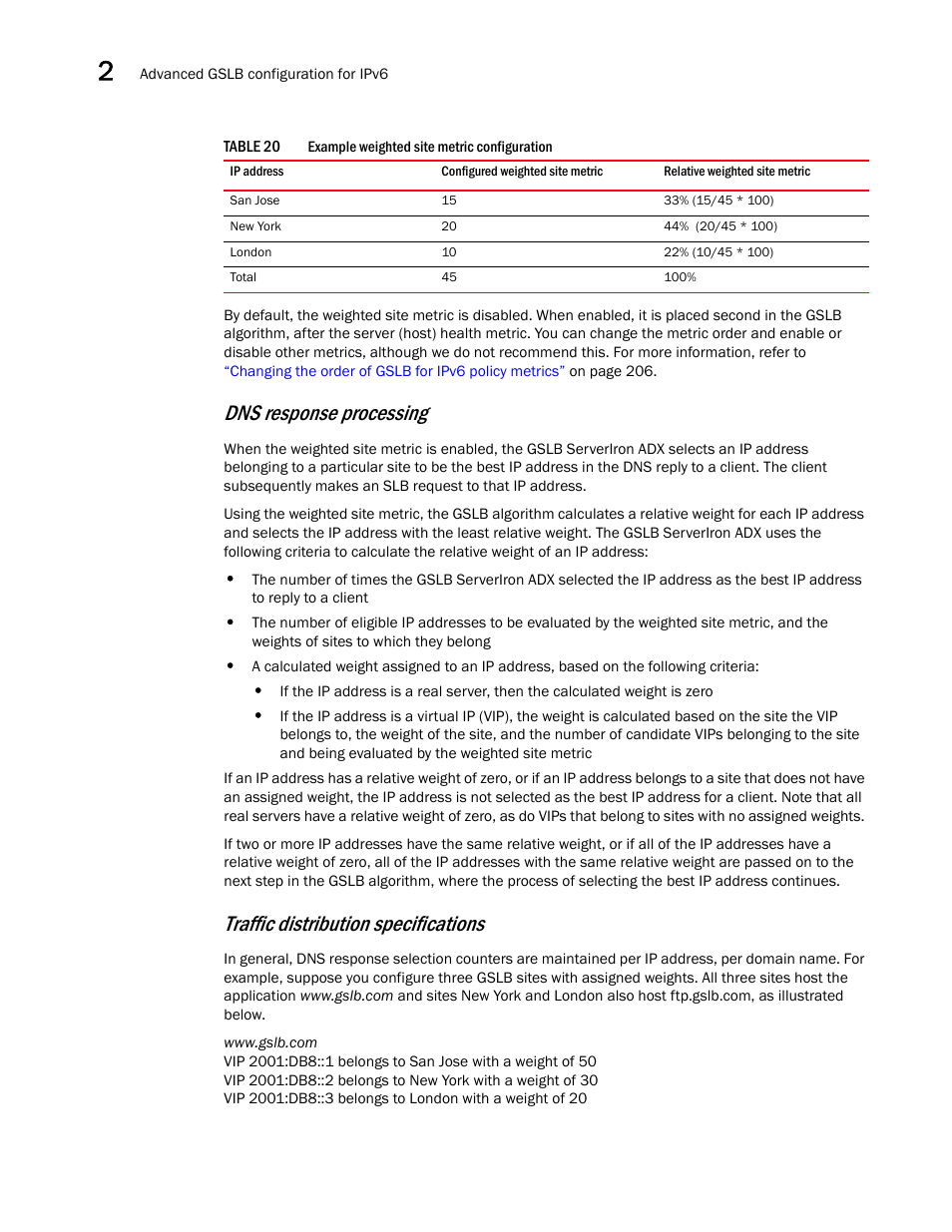 Table 20, Dns response processing, Traffic distribution specifications | Brocade Communications Systems ServerIron ADX 12.4.00 User Manual | Page 224 / 267