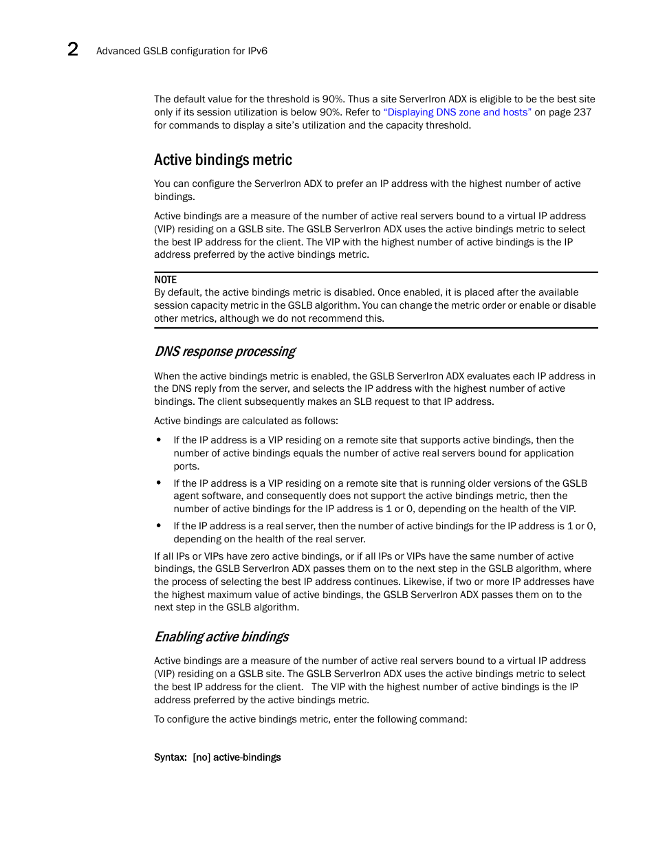 Active bindings metric, Dns response processing, Enabling active bindings | Brocade Communications Systems ServerIron ADX 12.4.00 User Manual | Page 226 / 267