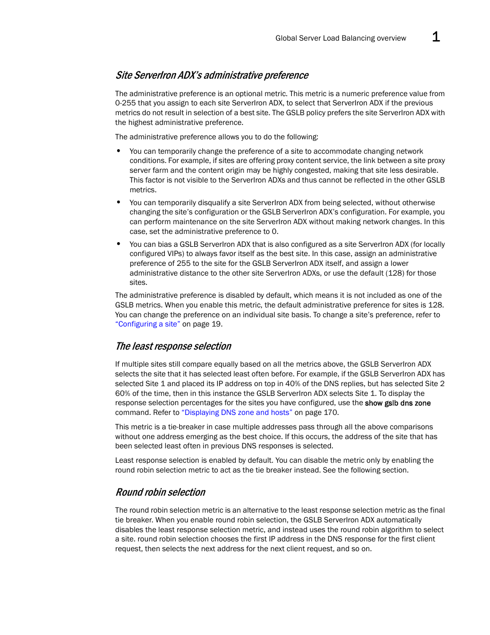 Site serveriron adx’s administrative preference, The least response selection, Round robin selection | Brocade Communications Systems ServerIron ADX 12.4.00 User Manual | Page 23 / 267