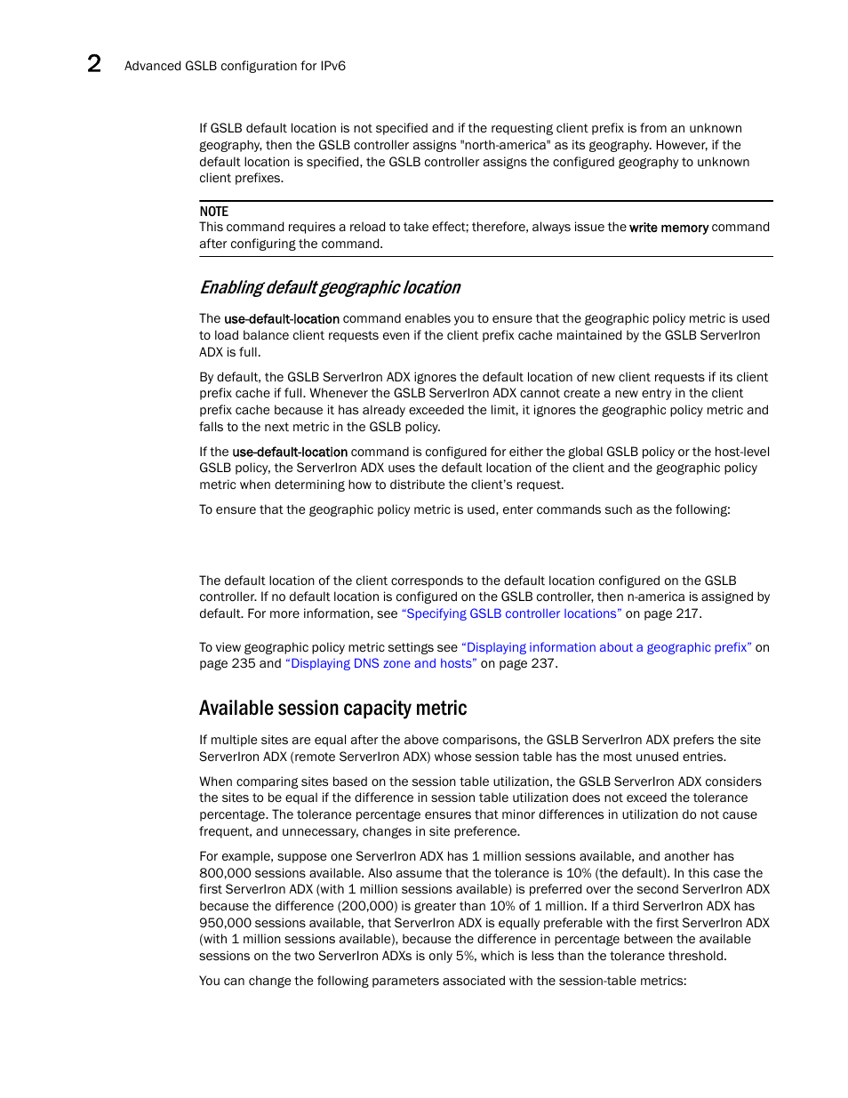Available session capacity metric, Available session capacity, Metric | Enabling default geographic location | Brocade Communications Systems ServerIron ADX 12.4.00 User Manual | Page 230 / 267