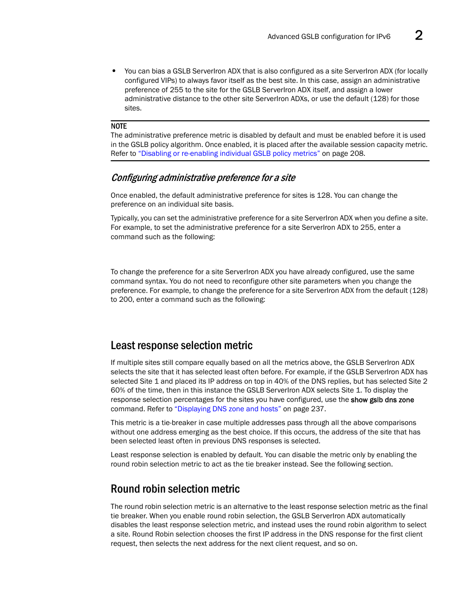 Least response selection metric, Round robin selection metric, Least response selection | Metric, Round robin selection, Configuring administrative preference for a site | Brocade Communications Systems ServerIron ADX 12.4.00 User Manual | Page 233 / 267