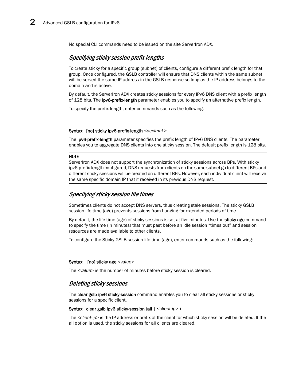 Specifying sticky session prefix lengths, Specifying sticky session life times, Deleting sticky sessions | Brocade Communications Systems ServerIron ADX 12.4.00 User Manual | Page 236 / 267