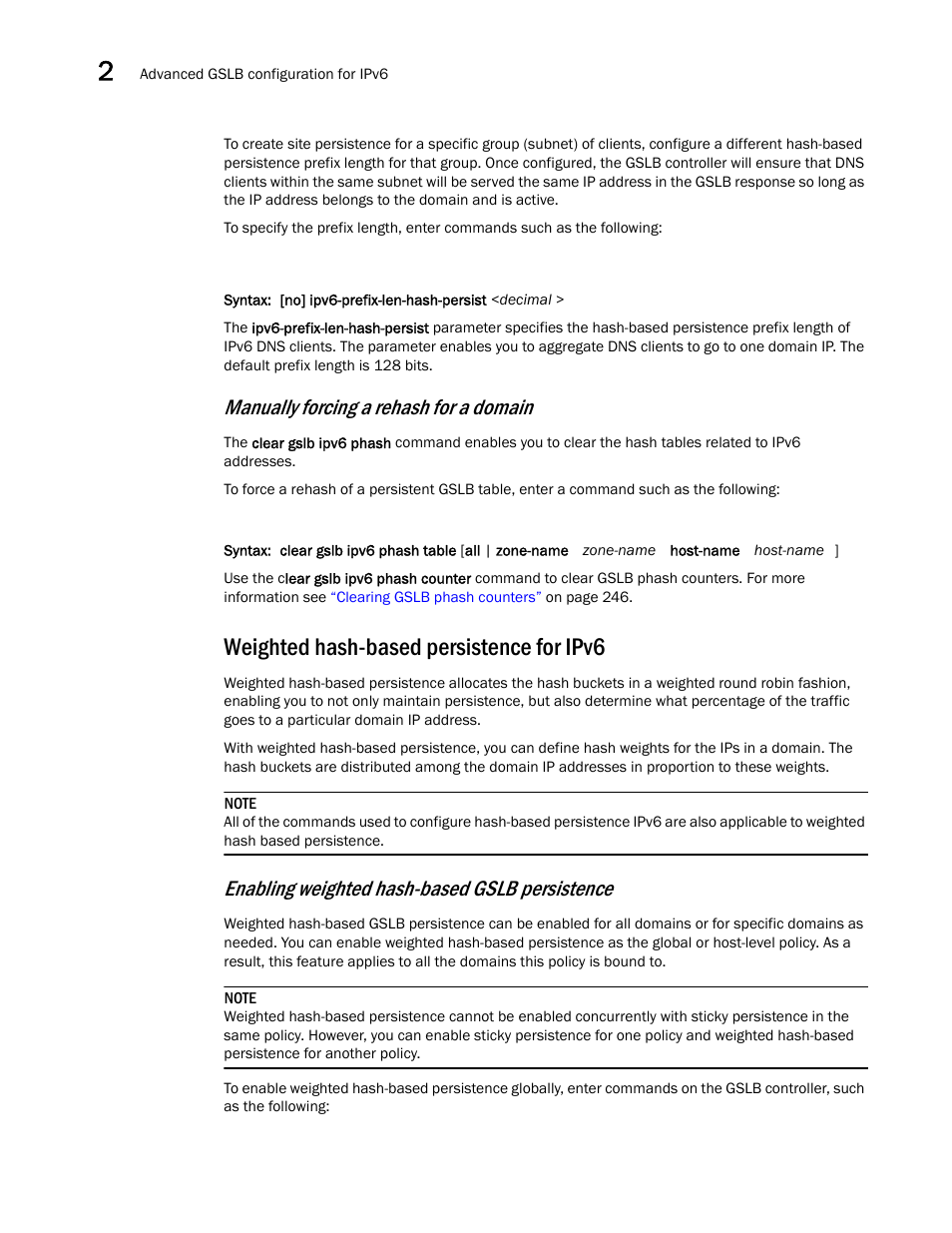 Weighted hash-based persistence for ipv6, Weighted, Hash-based persistence for ipv6 | Manually forcing a rehash for a domain, Enabling weighted hash-based gslb persistence | Brocade Communications Systems ServerIron ADX 12.4.00 User Manual | Page 238 / 267