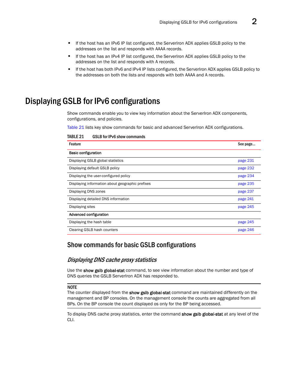 Displaying gslb for ipv6 configurations, Show commands for basic gslb configurations, Displaying dns cache proxy statistics | Brocade Communications Systems ServerIron ADX 12.4.00 User Manual | Page 243 / 267