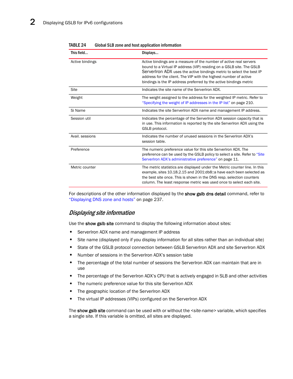 Displaying site information | Brocade Communications Systems ServerIron ADX 12.4.00 User Manual | Page 254 / 267
