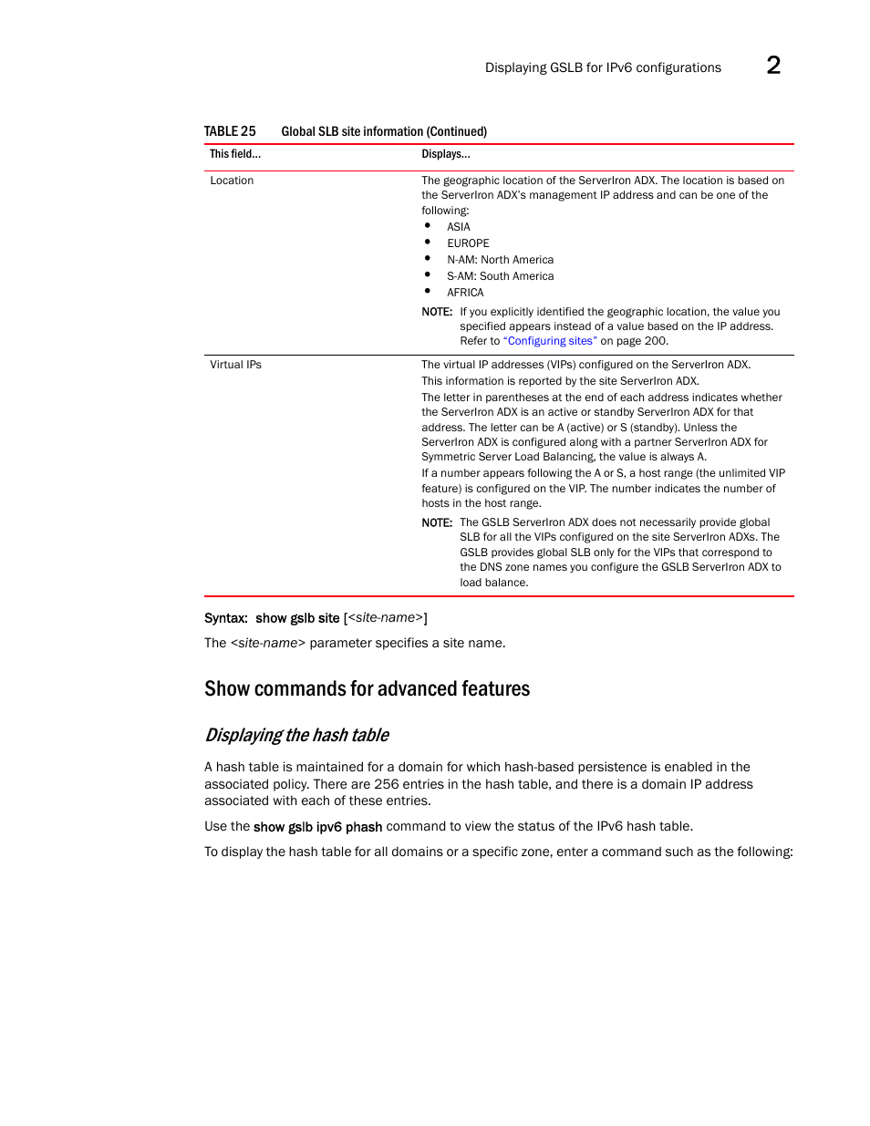 Show commands for advanced features, Displaying the hash table | Brocade Communications Systems ServerIron ADX 12.4.00 User Manual | Page 257 / 267