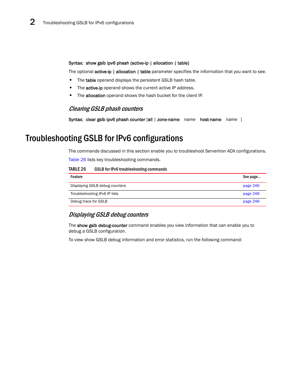 Troubleshooting gslb for ipv6 configurations, Clearing gslb phash counters, Displaying gslb debug counters | Brocade Communications Systems ServerIron ADX 12.4.00 User Manual | Page 258 / 267
