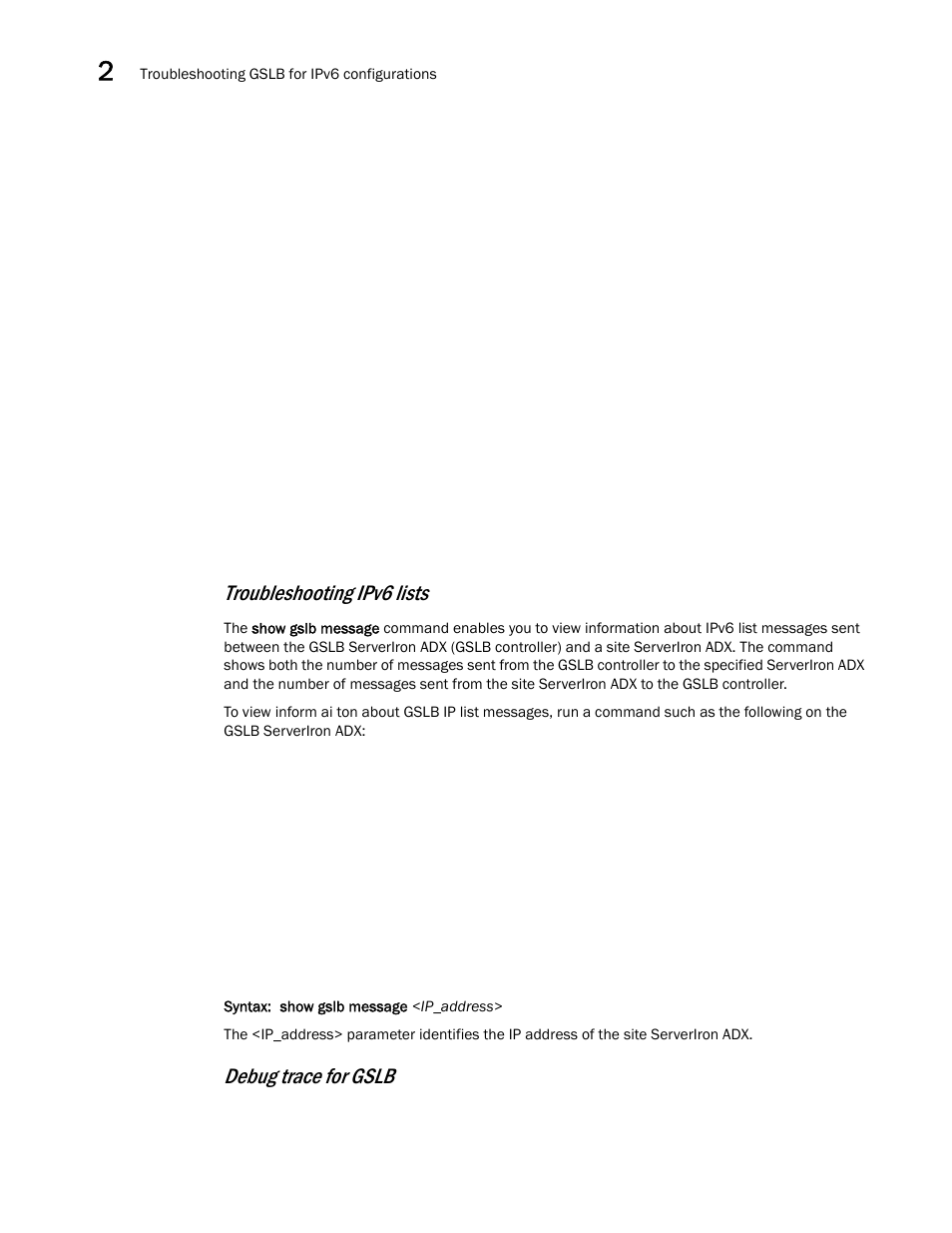 Troubleshooting ipv6 lists, Debug trace for gslb | Brocade Communications Systems ServerIron ADX 12.4.00 User Manual | Page 260 / 267