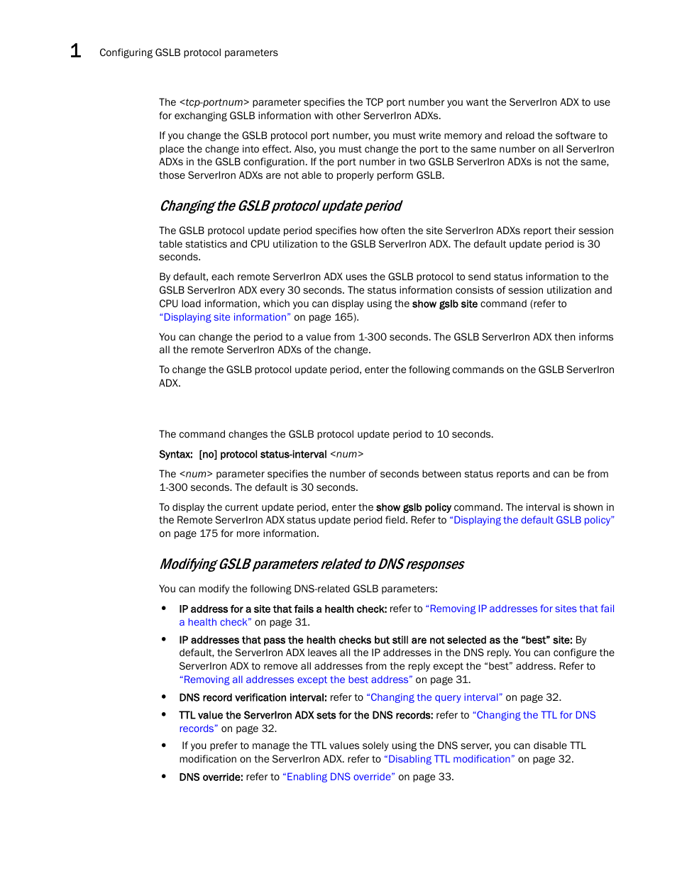 Changing the gslb protocol update period, Modifying gslb parameters related to dns responses | Brocade Communications Systems ServerIron ADX 12.4.00 User Manual | Page 42 / 267