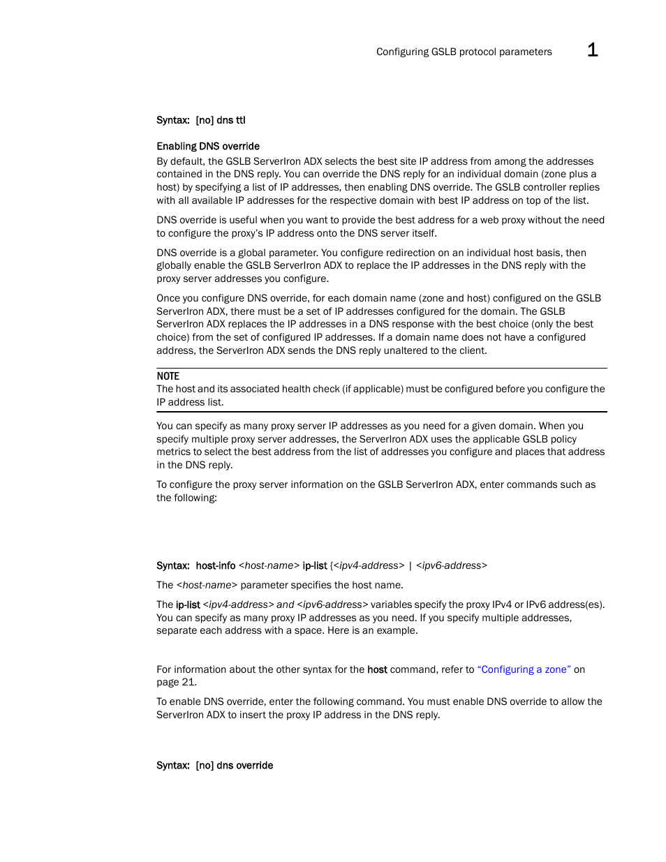Enabling dns override | Brocade Communications Systems ServerIron ADX 12.4.00 User Manual | Page 45 / 267