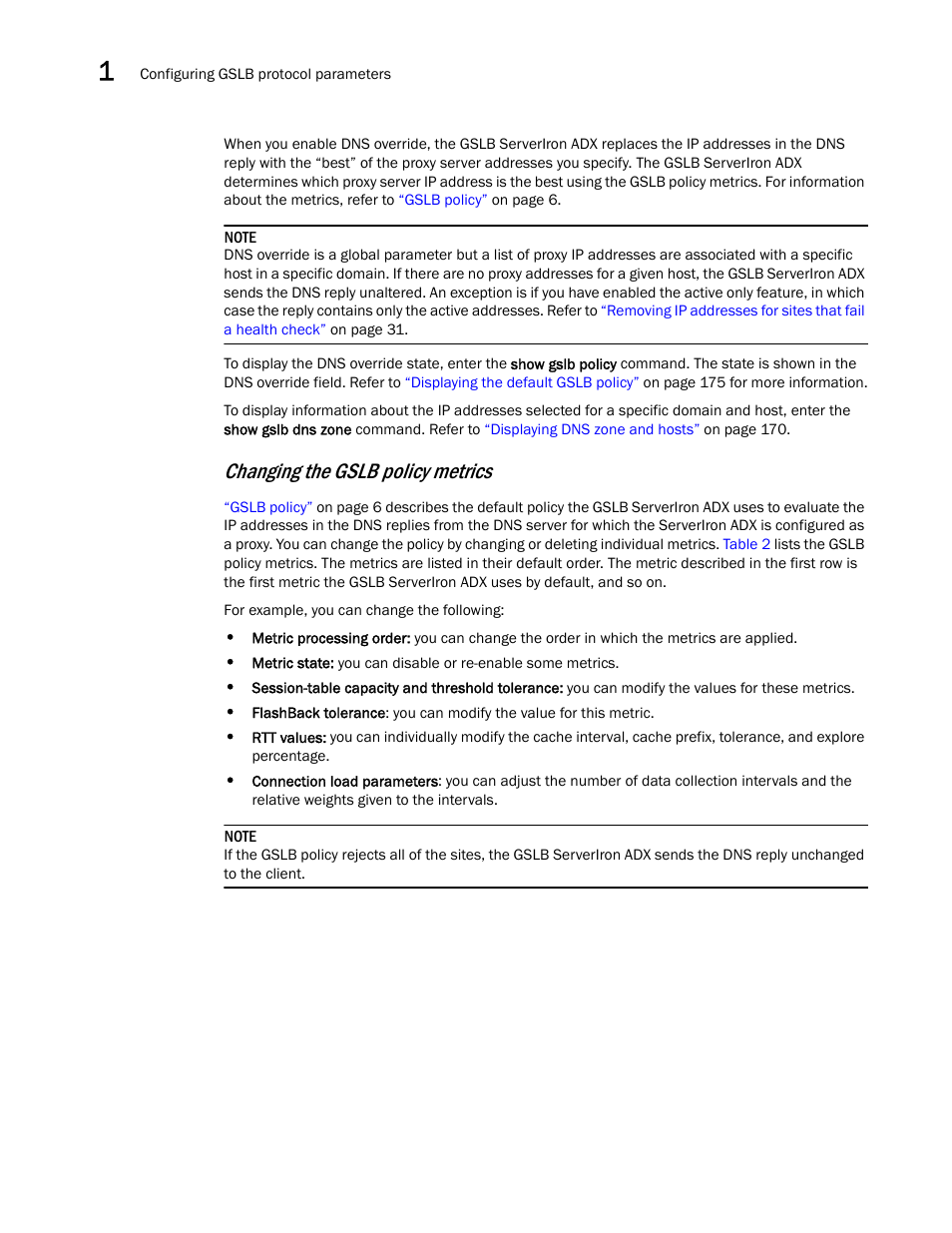 Changing the gslb policy metrics | Brocade Communications Systems ServerIron ADX 12.4.00 User Manual | Page 46 / 267