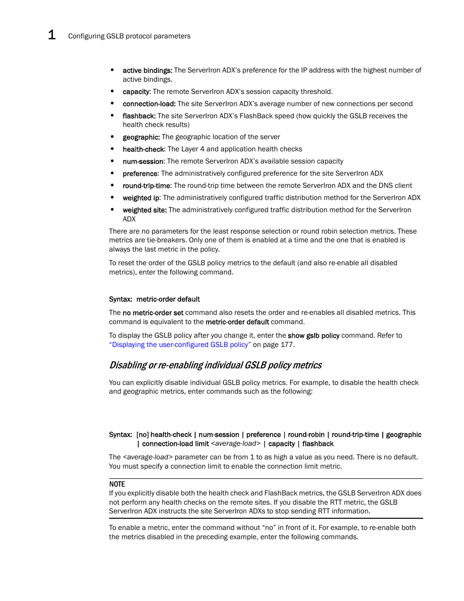 Disabling, Or re-enabling individual gslb policy metrics | Brocade Communications Systems ServerIron ADX 12.4.00 User Manual | Page 50 / 267