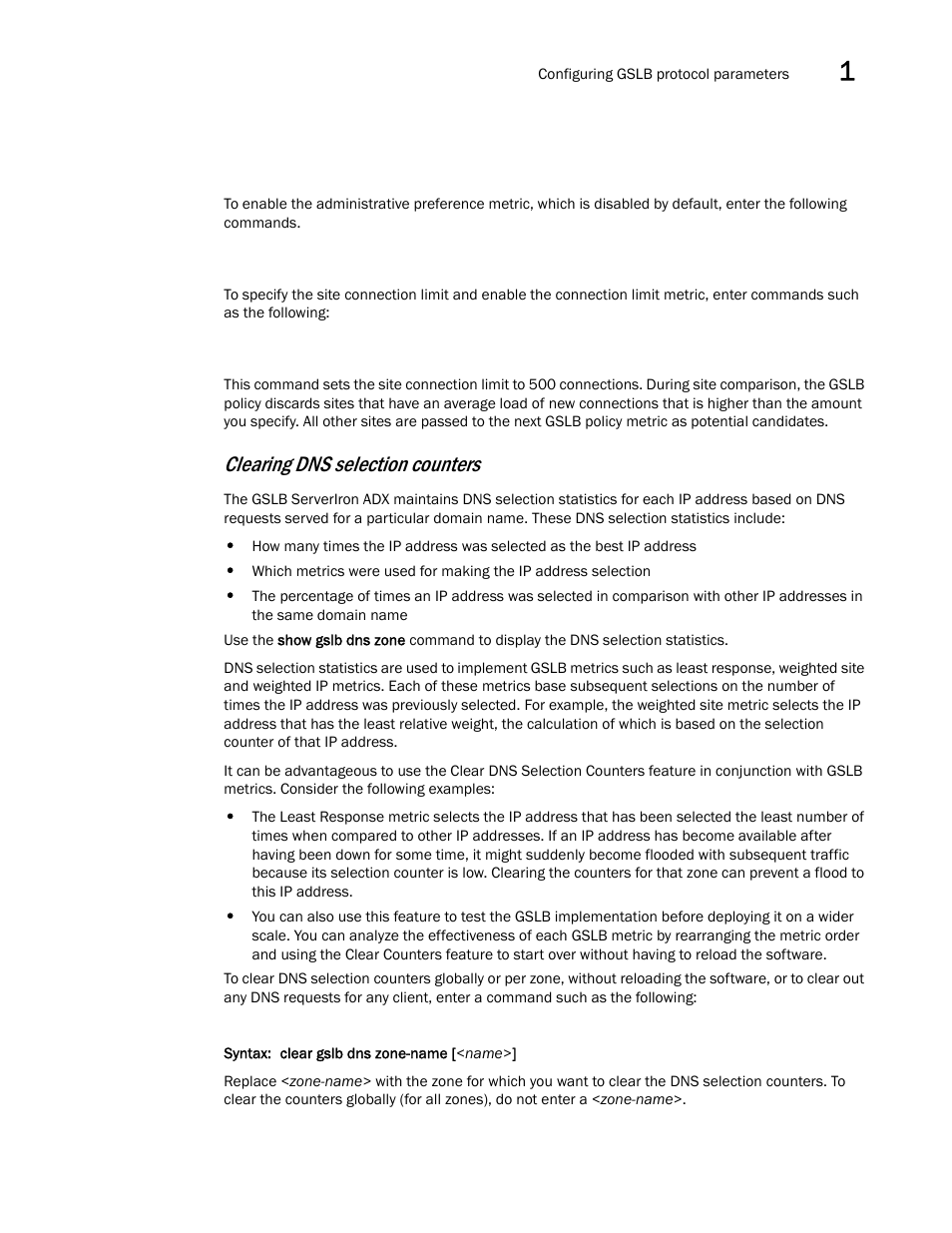 Clearing dns selection counters | Brocade Communications Systems ServerIron ADX 12.4.00 User Manual | Page 51 / 267