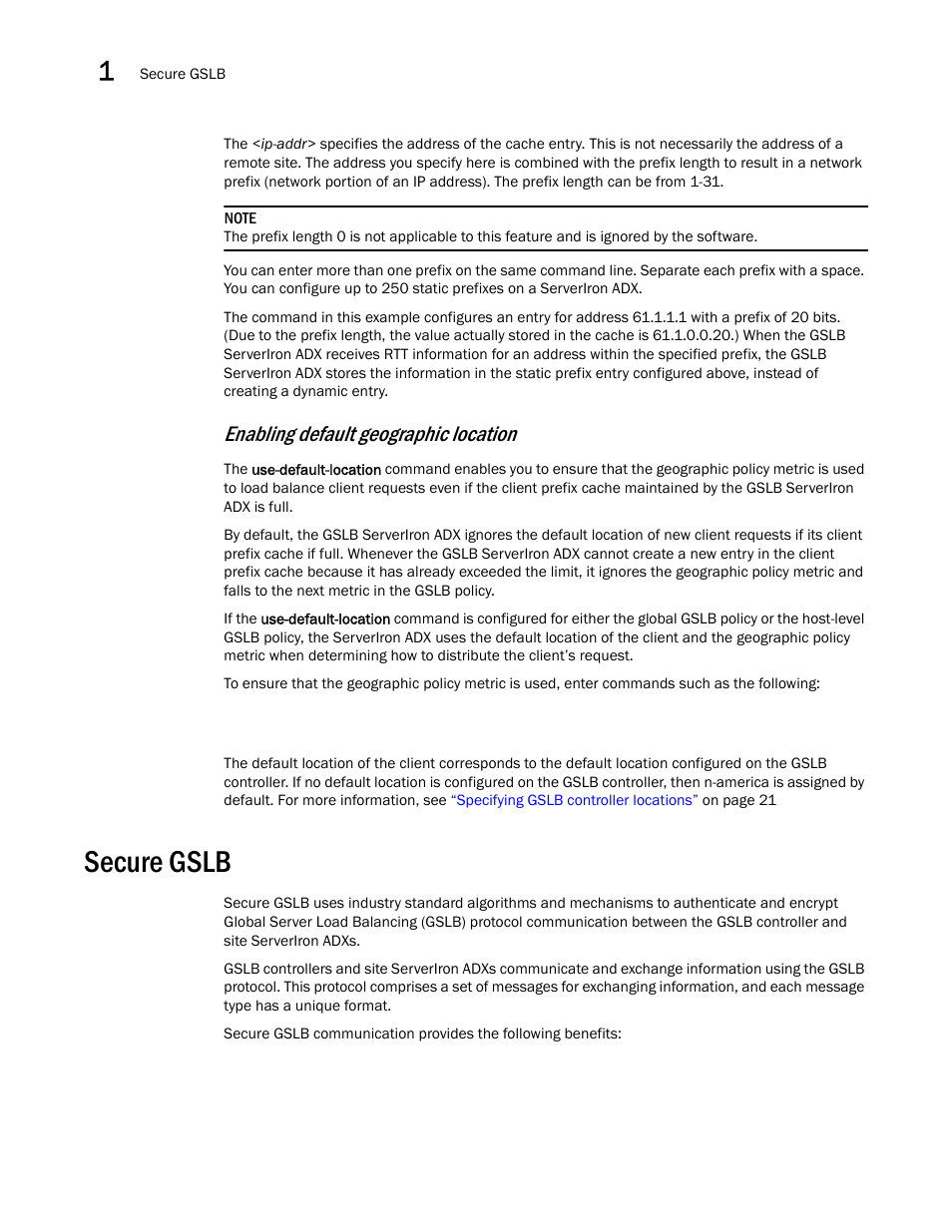 Secure gslb, Enabling default geographic location | Brocade Communications Systems ServerIron ADX 12.4.00 User Manual | Page 68 / 267