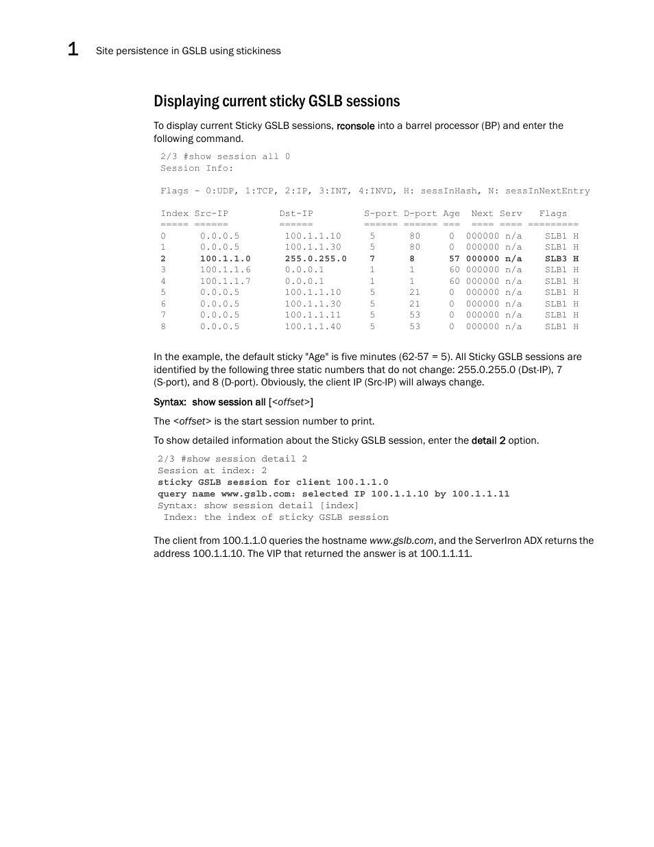 Displaying current sticky gslb sessions | Brocade Communications Systems ServerIron ADX 12.4.00 User Manual | Page 80 / 267