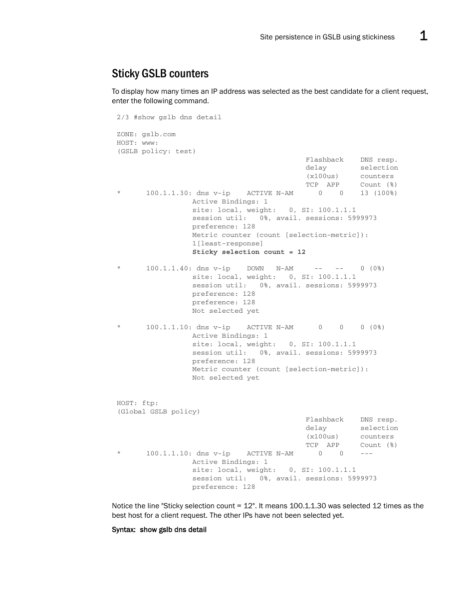 Sticky gslb counters | Brocade Communications Systems ServerIron ADX 12.4.00 User Manual | Page 81 / 267