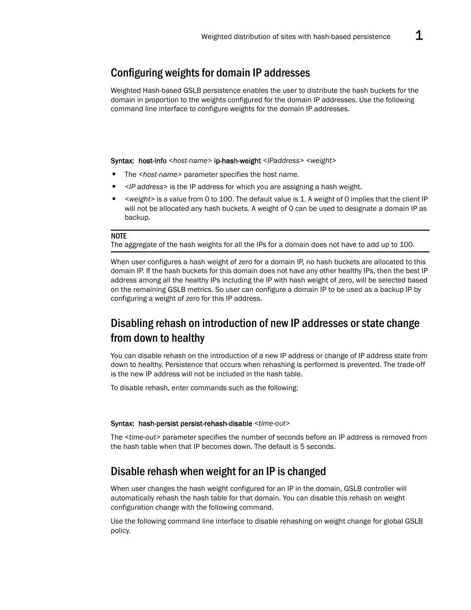 Configuring weights for domain ip addresses, Disable rehash when weight for an ip is changed | Brocade Communications Systems ServerIron ADX 12.4.00 User Manual | Page 93 / 267