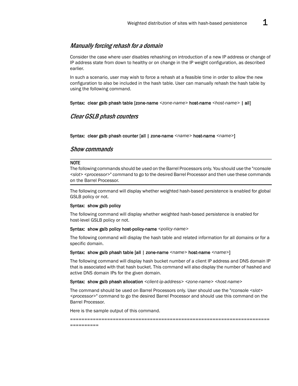 Manually forcing rehash for a domain, Clear gslb phash counters, Show commands | Brocade Communications Systems ServerIron ADX 12.4.00 User Manual | Page 95 / 267