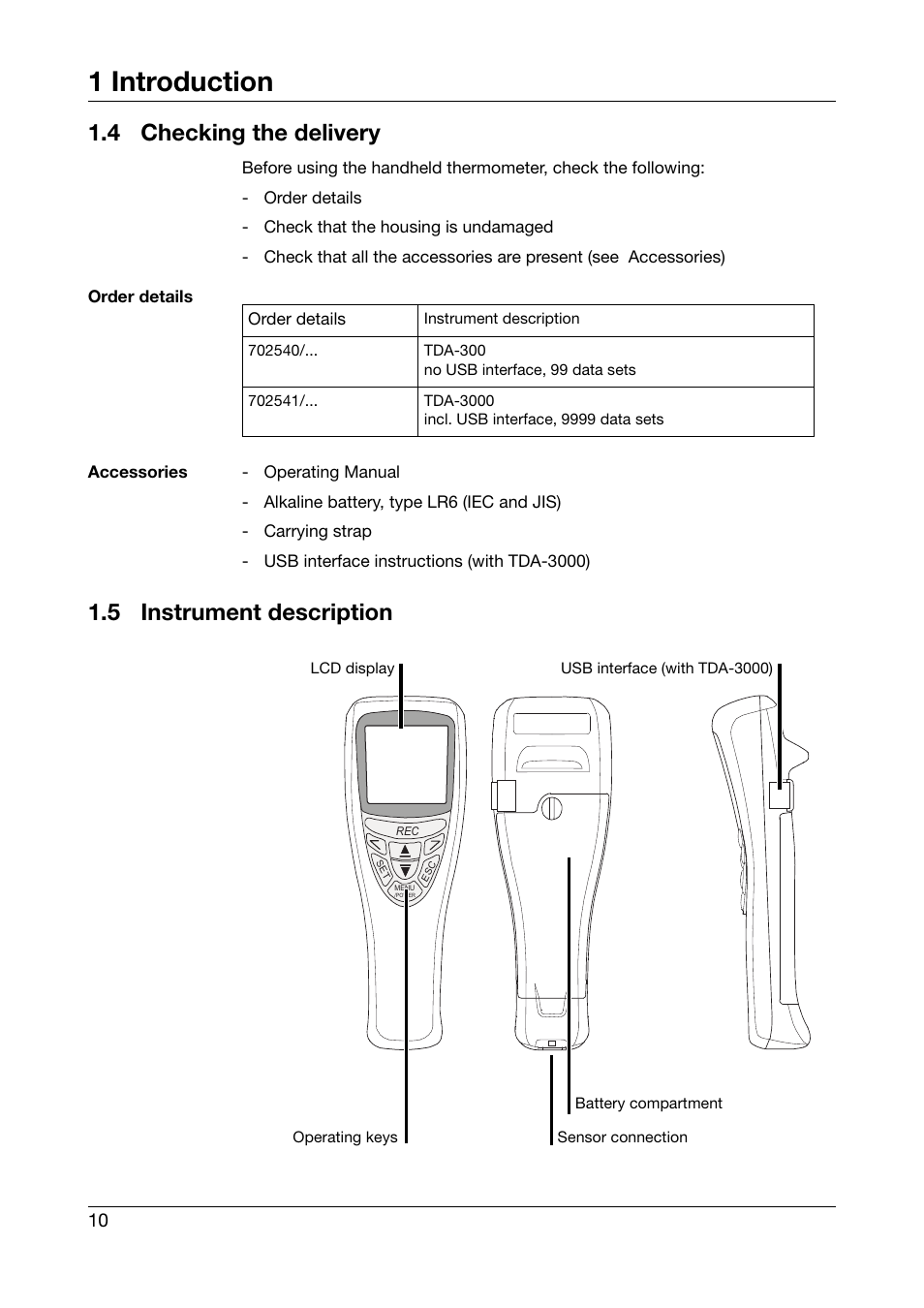 4 checking the delivery, 5 instrument description, Checking the delivery | Instrument description, 1 introduction | JUMO 702540 TDA-300 / TDA-3000 - Handheld thermometer Operating Manual User Manual | Page 10 / 68