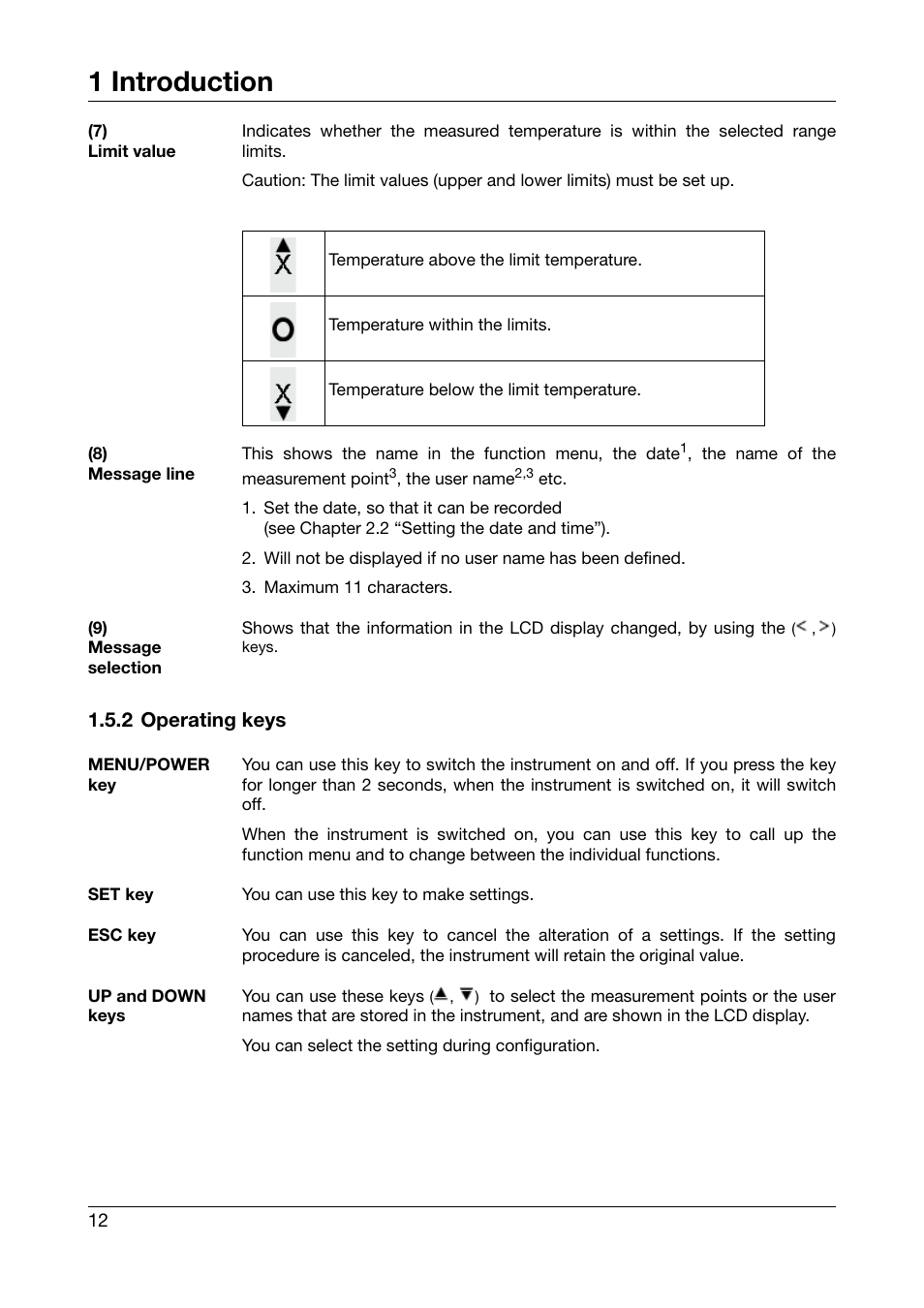 2 operating keys, 1 introduction | JUMO 702540 TDA-300 / TDA-3000 - Handheld thermometer Operating Manual User Manual | Page 12 / 68