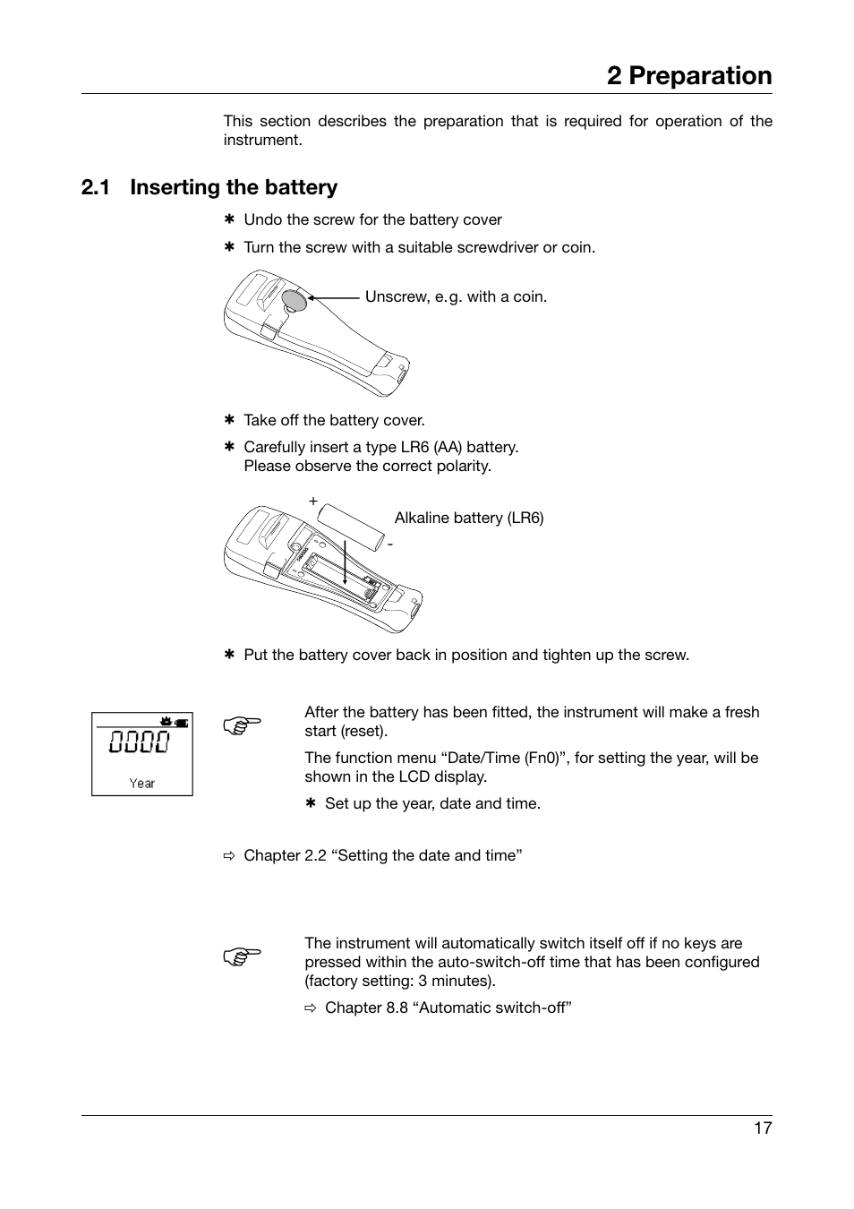 2 preparation, 1 inserting the battery, Preparation | Inserting the battery, E chapter 2, See chapter 2 “preparation | JUMO 702540 TDA-300 / TDA-3000 - Handheld thermometer Operating Manual User Manual | Page 17 / 68