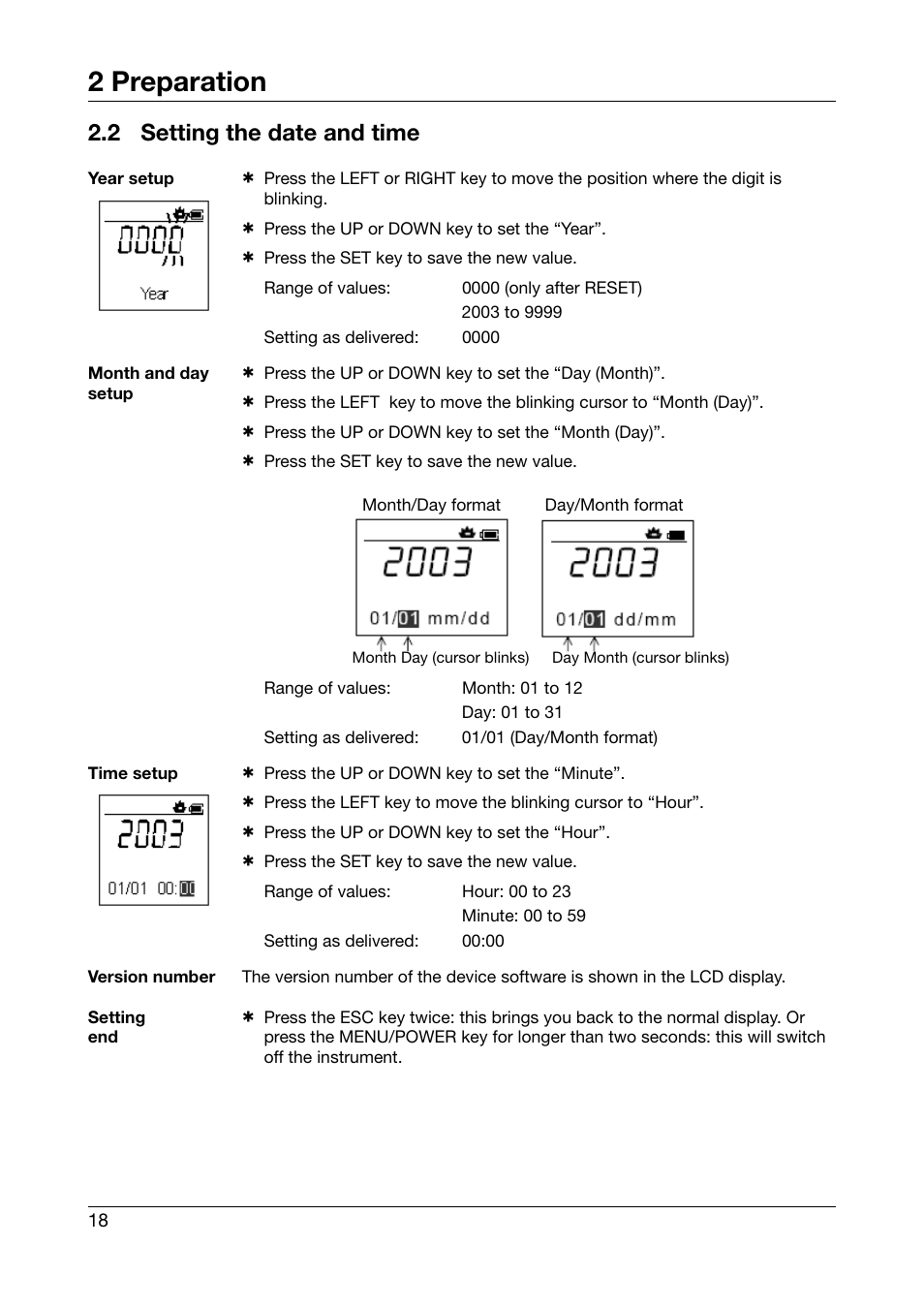 2 setting the date and time, Setting the date and time, 2 preparation | JUMO 702540 TDA-300 / TDA-3000 - Handheld thermometer Operating Manual User Manual | Page 18 / 68