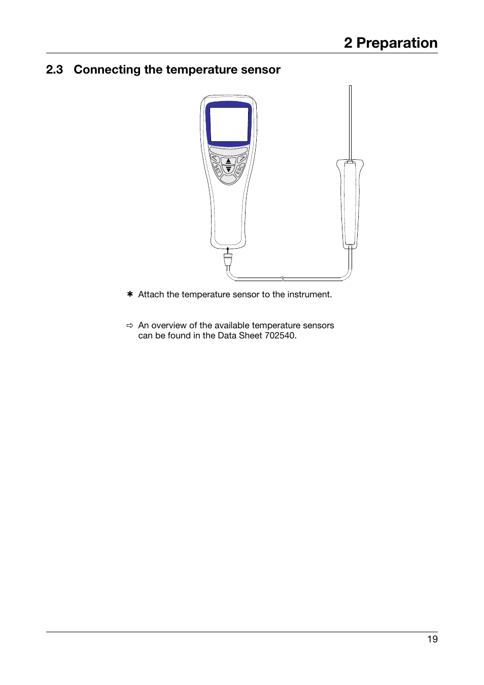 3 connecting the temperature sensor, Connecting the temperature sensor, 2 preparation | JUMO 702540 TDA-300 / TDA-3000 - Handheld thermometer Operating Manual User Manual | Page 19 / 68