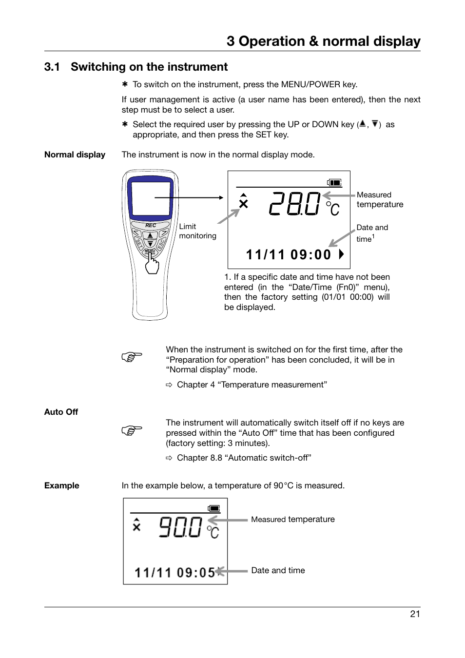 3 operation & normal display, 1 switching on the instrument, Operation & normal display | Switching on the instrument | JUMO 702540 TDA-300 / TDA-3000 - Handheld thermometer Operating Manual User Manual | Page 21 / 68