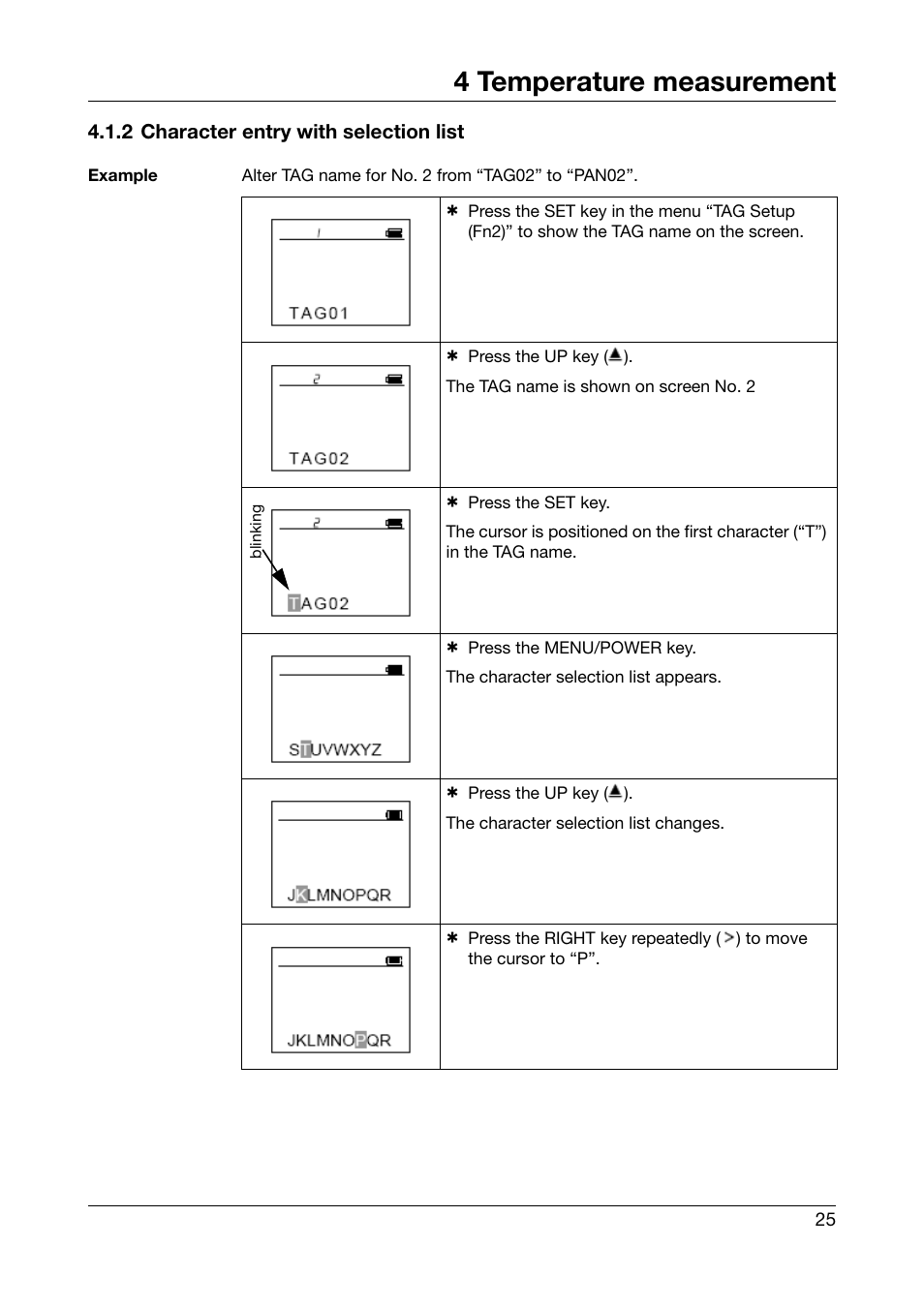 2 character entry with selection list, 4 temperature measurement | JUMO 702540 TDA-300 / TDA-3000 - Handheld thermometer Operating Manual User Manual | Page 25 / 68