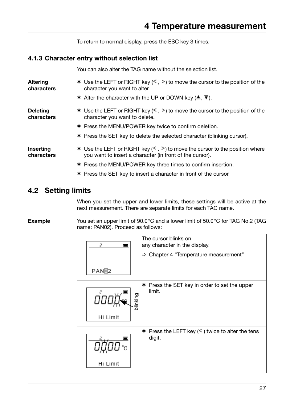 3 character entry without selection list, 2 setting limits, Setting limits | 4 temperature measurement | JUMO 702540 TDA-300 / TDA-3000 - Handheld thermometer Operating Manual User Manual | Page 27 / 68