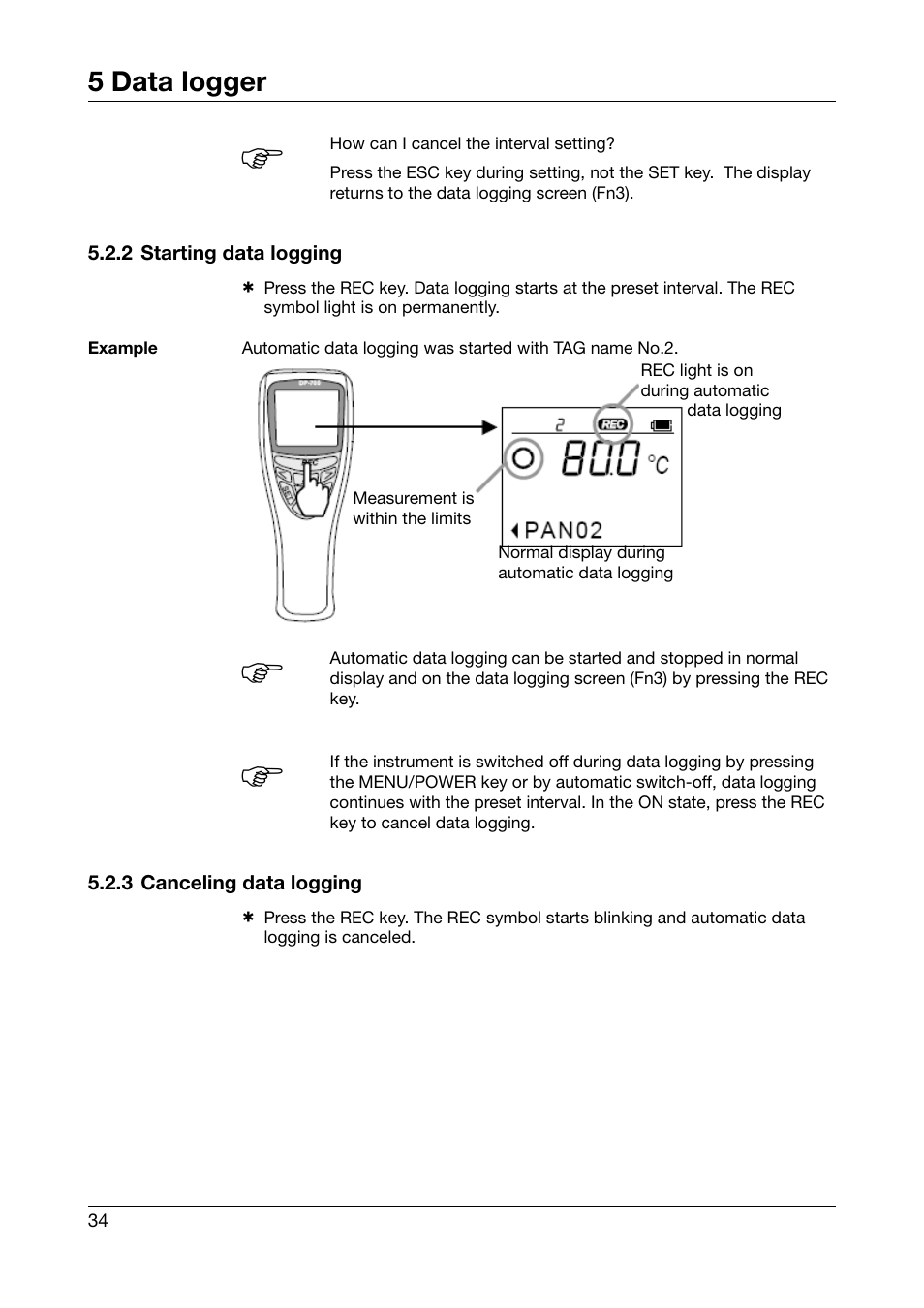 2 starting data logging, 3 canceling data logging, 5 data logger | JUMO 702540 TDA-300 / TDA-3000 - Handheld thermometer Operating Manual User Manual | Page 34 / 68