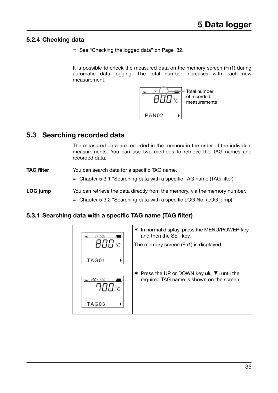 4 checking data, 3 searching recorded data, Searching recorded data | 5 data logger | JUMO 702540 TDA-300 / TDA-3000 - Handheld thermometer Operating Manual User Manual | Page 35 / 68
