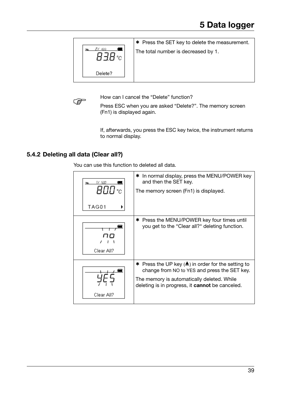 2 deleting all data (clear all?), 5 data logger | JUMO 702540 TDA-300 / TDA-3000 - Handheld thermometer Operating Manual User Manual | Page 39 / 68