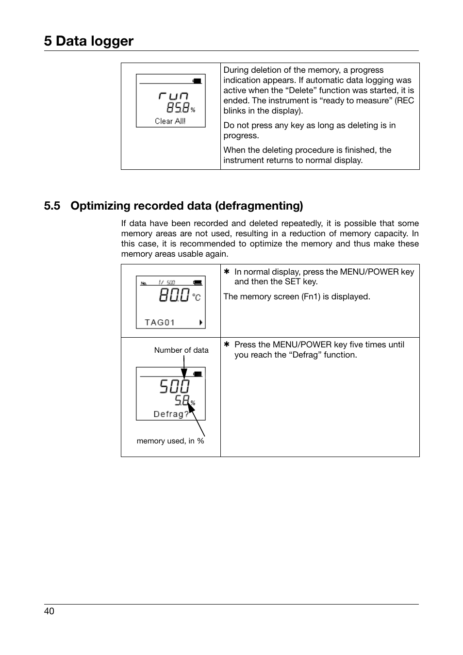 5 optimizing recorded data (defragmenting), Optimizing recorded data (defragmenting), 5 data logger | JUMO 702540 TDA-300 / TDA-3000 - Handheld thermometer Operating Manual User Manual | Page 40 / 68
