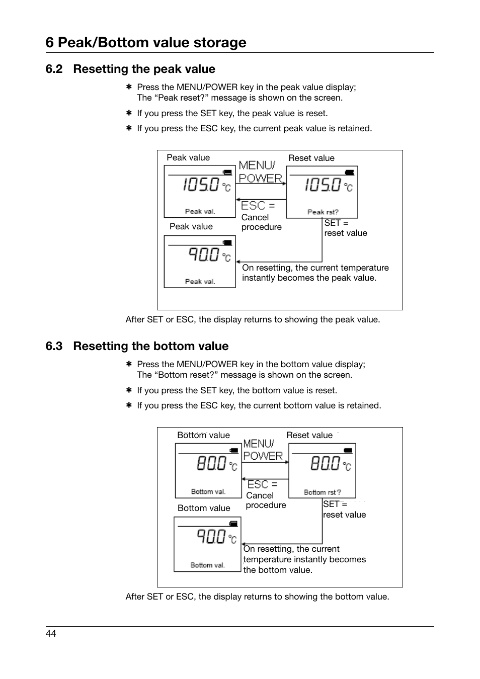 2 resetting the peak value, 3 resetting the bottom value, Resetting the peak value | Resetting the bottom value, 6 peak/bottom value storage | JUMO 702540 TDA-300 / TDA-3000 - Handheld thermometer Operating Manual User Manual | Page 44 / 68