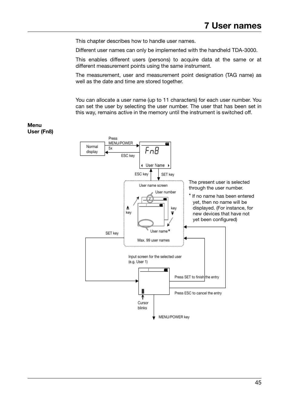 7 user names, User names, See chapter 7 | See chapter 7 “user names | JUMO 702540 TDA-300 / TDA-3000 - Handheld thermometer Operating Manual User Manual | Page 45 / 68